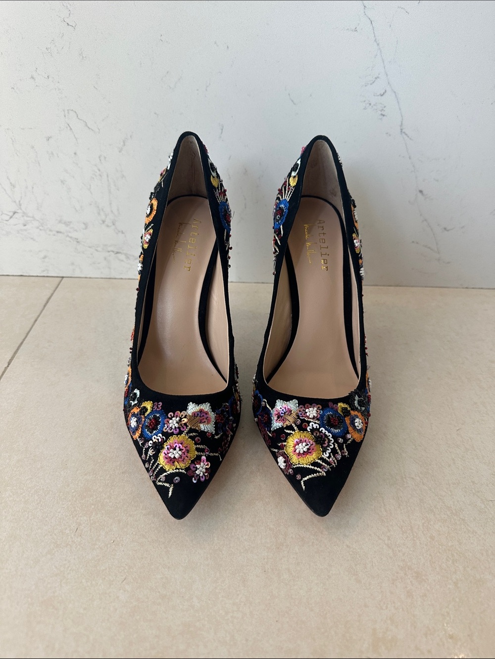 Nicole Miller Black Pointed-Toe Pumps with Multicolor Floral Embroidery